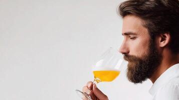 A man with a beard and a glass of beer photo