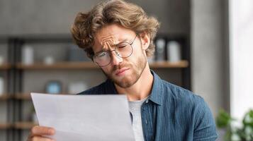 A man with glasses looking at a piece of paper photo