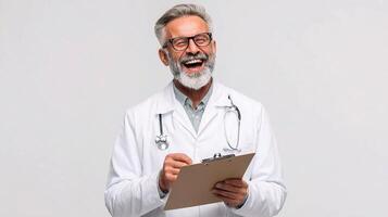 A smiling male doctor holding a clipboard photo