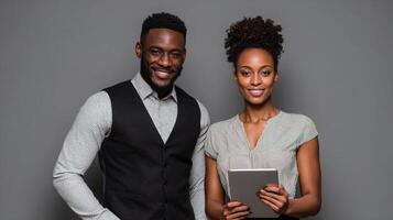 A young couple in business attire holding a tablet photo