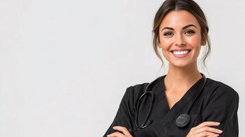 A woman in a black uniform is smiling photo