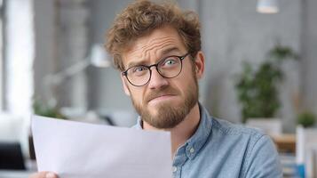 A man with glasses and a beard is looking at a piece of paper photo