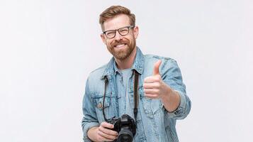 A man with glasses and a beard is holding a camera photo