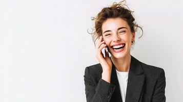 A woman in a business suit is talking on a cell phone photo