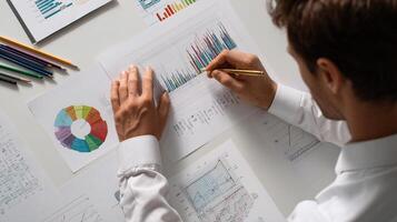 A man is looking at graphs and charts on a white board photo