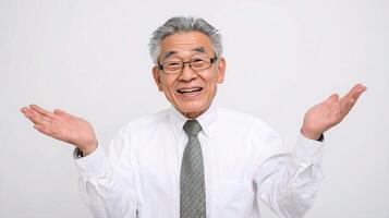 An older man in a white shirt and tie is making a gesture photo