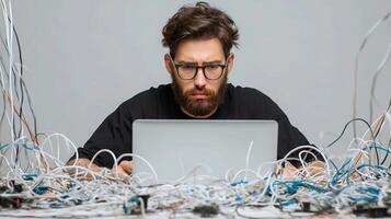 A man with glasses sitting in front of a laptop surrounded by wires photo
