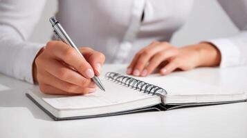 A woman is writing in a notebook with a pen photo