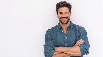 A man with a beard and shirt standing in front of a white background photo