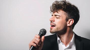 A man in a suit sings into a microphone photo