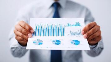 Businessman holding paper with graphs and bar graphs photo
