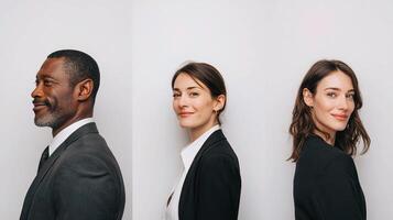 Four people in business attire standing in front of a white wall photo