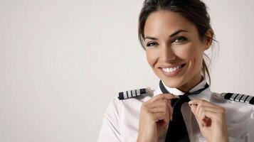 A woman in a pilot uniform is smiling photo
