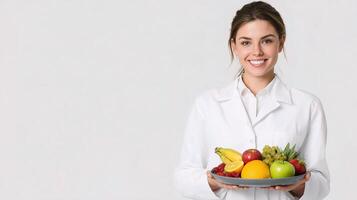 A woman in a lab coat holding a plate of fruit photo