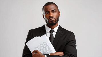 A man in a suit holding a document photo