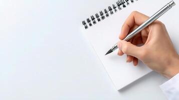A person is writing on a notepad with a pen photo