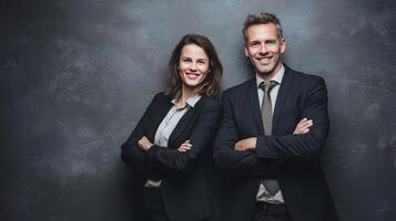 Two business people standing together against a dark background photo