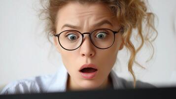 A woman with glasses looking surprised while using a computer photo