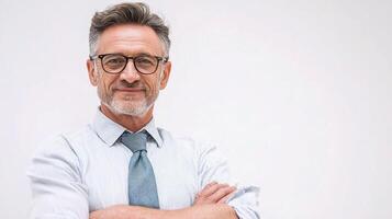 A man with glasses and a tie standing in front of a white background photo