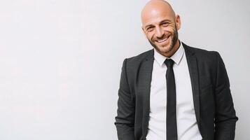 A bald man in a suit and tie smiling photo