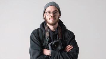 A man with glasses and a beanie is posing for a photo