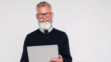 An old man with a beard and glasses holding a laptop photo