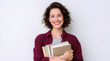 Smiling woman holding books over white background photo