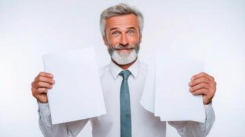 A man with a beard and tie holding up three blank papers photo