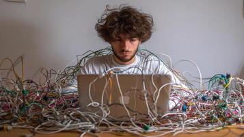 A man sitting in front of a laptop surrounded by wires photo