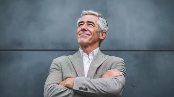 A man with his arms crossed standing in front of a gray wall photo