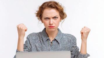 A woman with her hands up in front of her laptop photo
