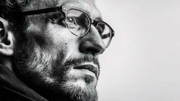 A man with glasses and a beard looks to the side photo