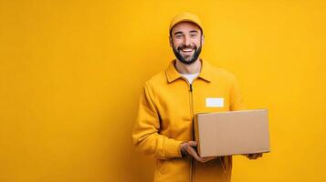 Delivery man holding box on yellow background photo