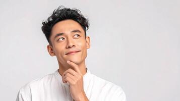A man with his hand on his chin looking up photo