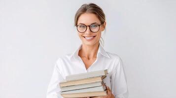 Smiling woman holding books and glasses photo