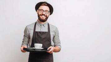 A smiling man in an apron holding a cup and saucer photo