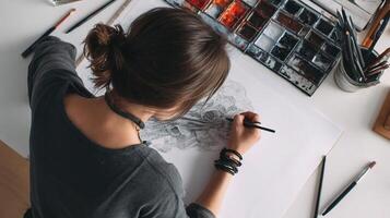 A woman is drawing on a piece of paper photo