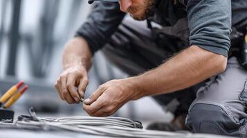 A man in a hard hat working on electrical wires photo