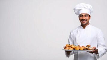 A man in a chef hat holding a tray with food photo