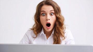 A woman is looking surprised while using a laptop photo