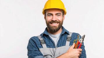 A smiling man in a hard hat holding a pair of electrical tools photo