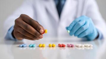 A person in a lab coat is holding a pill photo