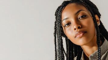 A woman with long braids looking to the side photo