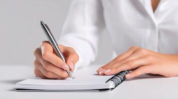 A woman writing in a notebook with a pen photo