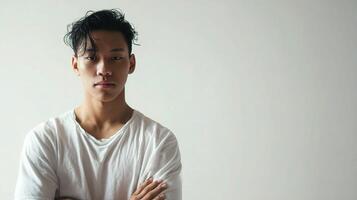 A young man in a white t - shirt photo