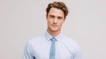 A man in a blue shirt and tie photo