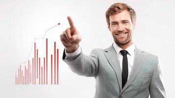 A man in a suit pointing at a graph photo