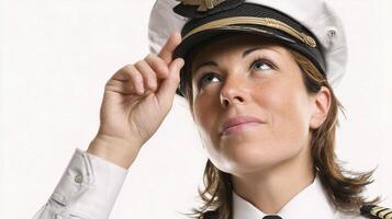 A woman in a uniform is looking up photo