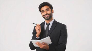 A smiling man in a suit holding a pen and writing photo