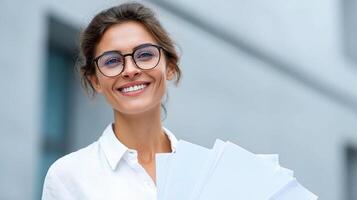 A woman in glasses holding a stack of papers photo